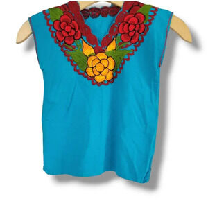 Girls blue boho floral embroidery Sleeveless shirt